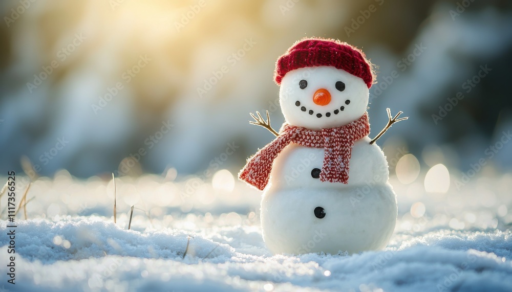 Fototapeta premium A cheerful snowman in a snowy landscape, radiating warmth and holiday spirit.