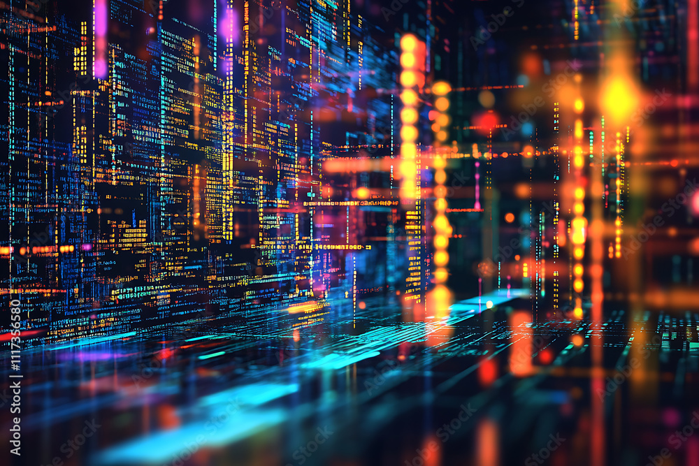 Fototapeta premium Vivid digital landscape showcasing holographic patterns and bright neon colors at night