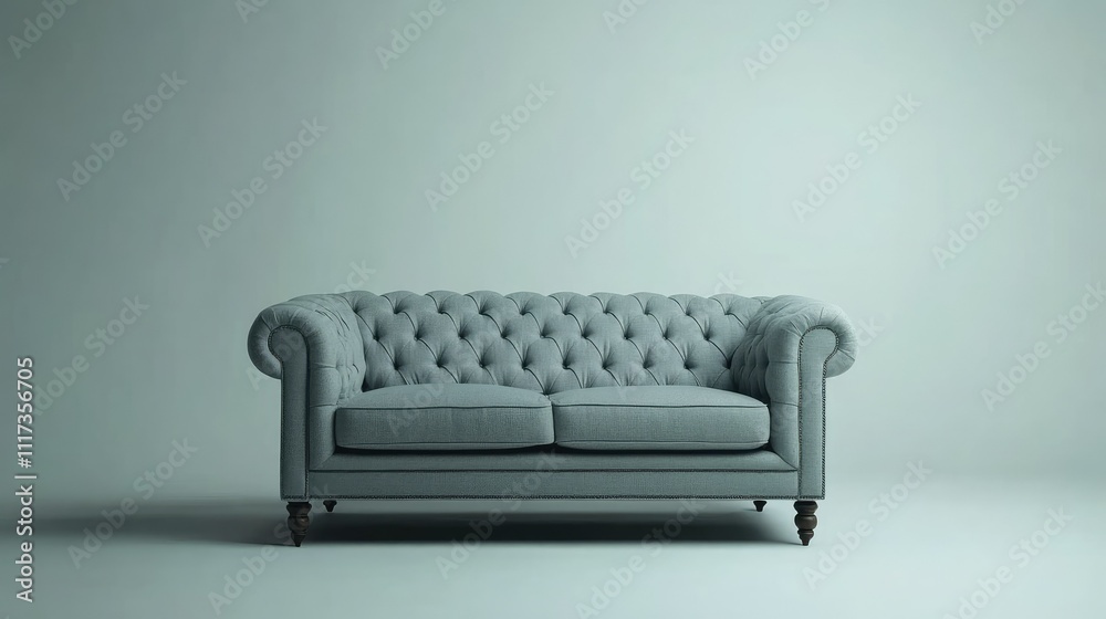 Elegant tufted sofa on a minimalist backdrop in soft blue hue Elegant tufted sofa on a minimalist backdrop in soft blue hue