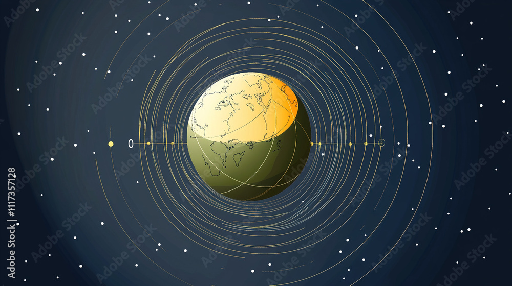 Fototapeta premium Earth axis diagram illustration showing the tilt of the Earth's rotational axis relative to its orbital plane, explaining the cause of seasonal changes and the distribution of sunlight.