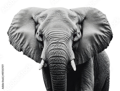 Majestic elephant standing boldly in monochrome, cut out - stock png.