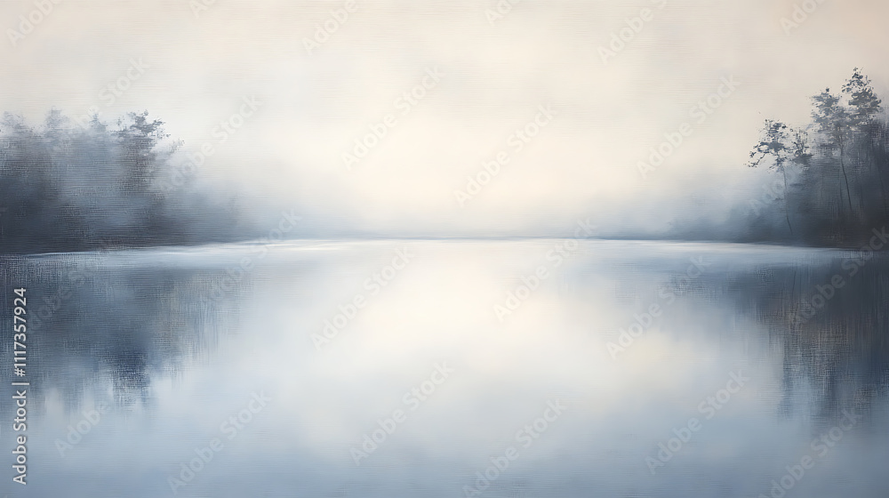 Serene lake view at dawn with mist and soft reflections in calm waters Serene lake view at dawn with mist and soft reflections in calm waters