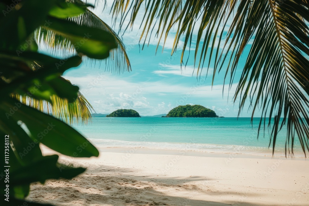 Serene beach view with palm trees and distant islands under a clear blue sky. Serene beach view with palm trees and distant islands under a clear blue sky.