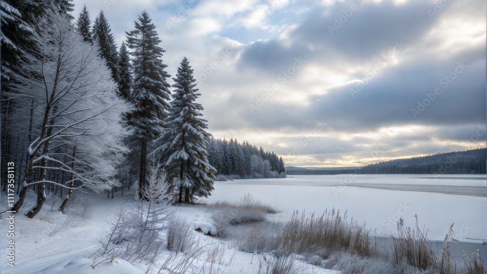 Quiet Snowy Path Alongside a Frozen Lake with Frosted Trees Quiet Snowy Path Alongside a Frozen Lake with Frosted Trees
