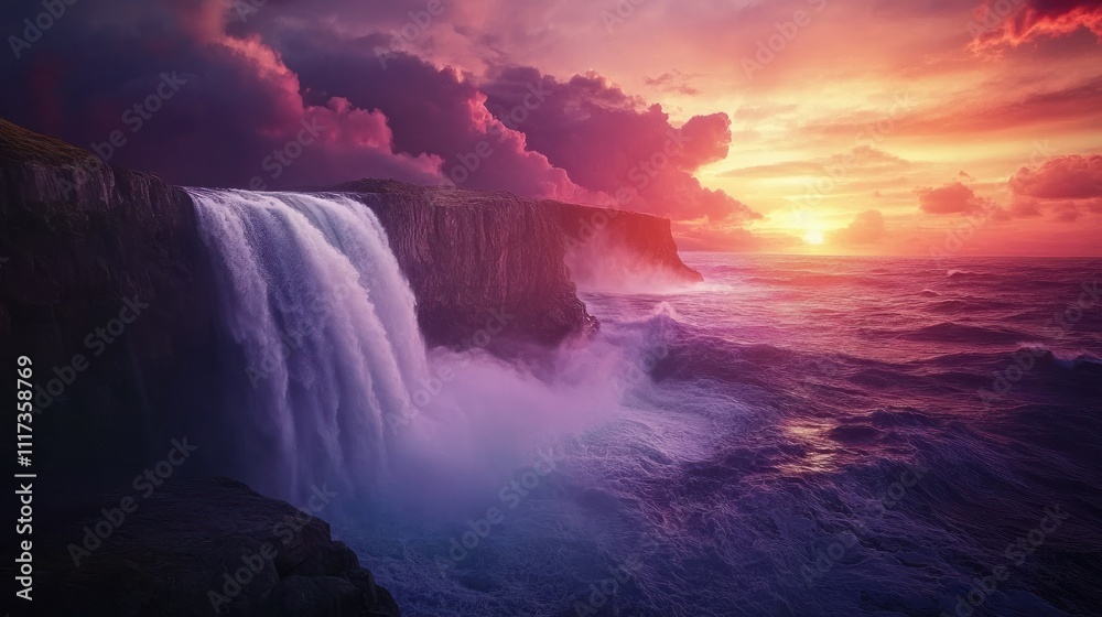 Fototapeta premium Waterfall and Sunset Over the Sea