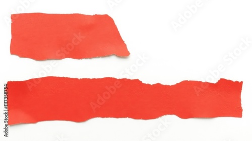 Close-up of a torn red paper sticker with torn edges isolated on a white background, torn edges, close-up