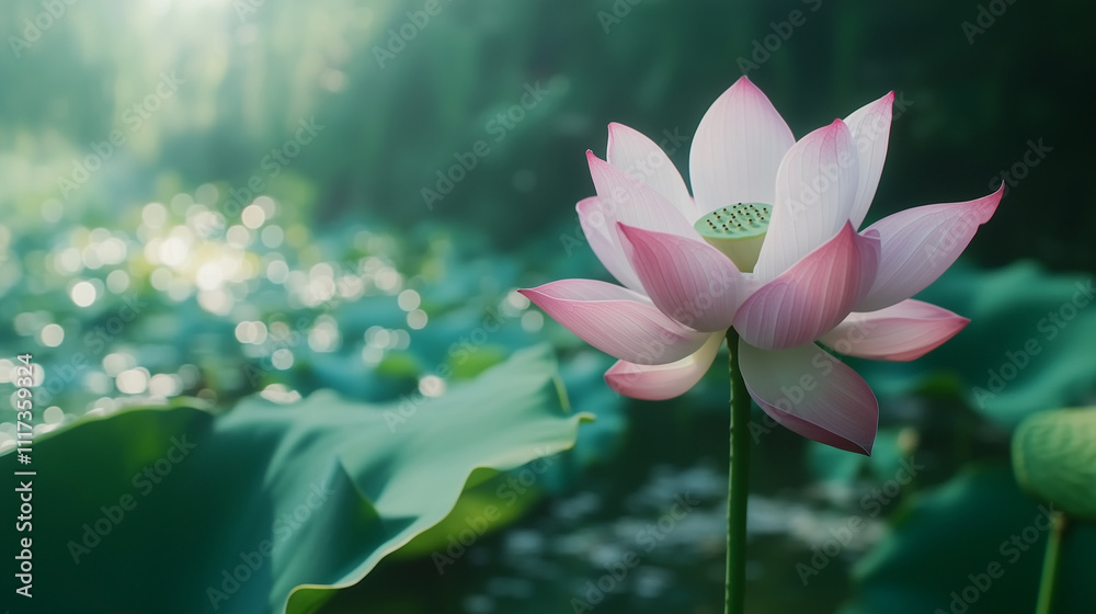 Obraz premium the calm waters of the Red Lotus Sea, where the sky's soft pink and orange hues are mirrored perfectly.