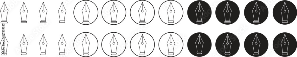 Fountain pen nib and tip outline writing icons set. Copy writing vectors. business concepts. Education stationery equipment and copy space. Writing objects tool isolated on transparent background.