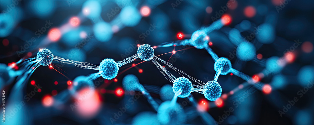 Abstract molecular structure with blue and red particles in a dynamic scientific design. Abstract molecular structure with blue and red particles in a dynamic scientific design.