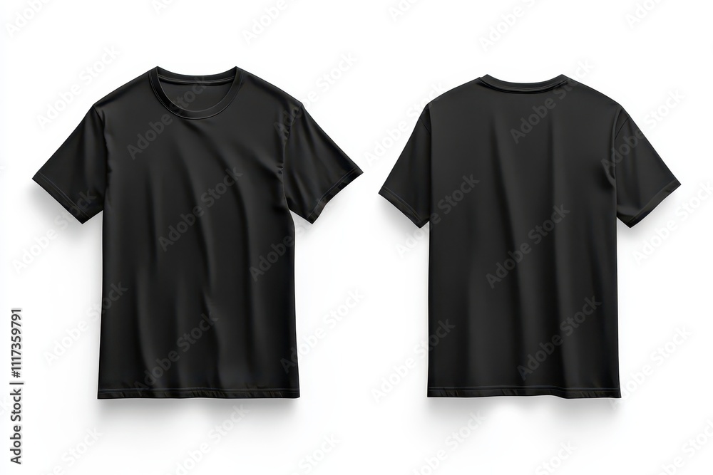 A black t-shirt displayed from the front and back view. A black t-shirt displayed from the front and back view.