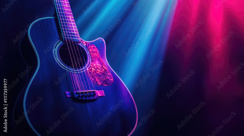 Naklejka premium black guitar on a dark background under beam of colored light with copy space. guitar music low-key concept