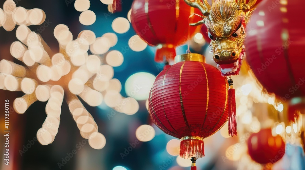 Naklejka premium Red Chinese lanterns with dragon decoration hanging at night, bokeh background.