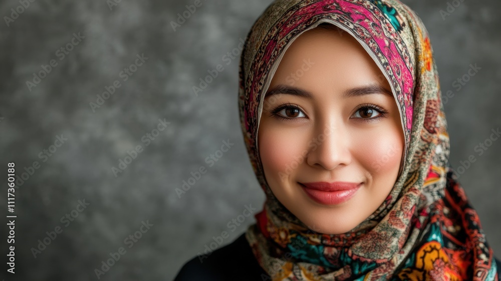 World Hijab Day Portrait of a smiling woman in colorful headscarf against a gray background World Hijab Day Portrait of a smiling woman in colorful headscarf against a gray background