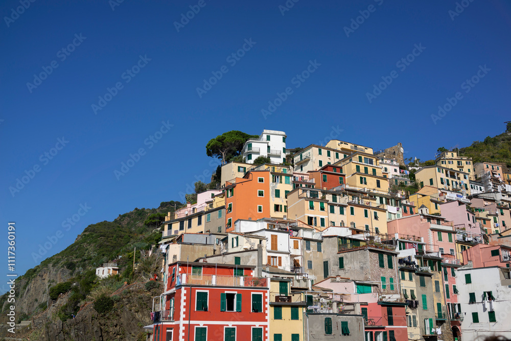 Obraz premium Colorful Houses of Riomaggiore under a Clear Sky