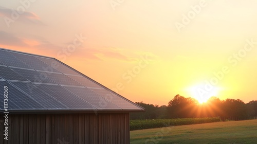 Solar panels on shed at sunset.
