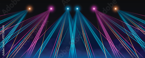Bright colorful crossing laser light beams on dark background. Stage or stadium spotlight shining effect. Realistic 3d vector neon lines in blue, pink and orange colors for concert or event design.