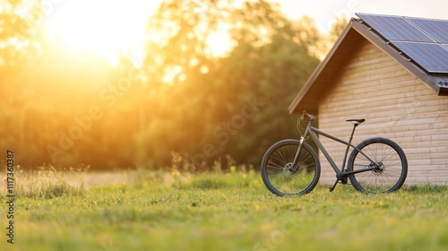 Mountain bike near solar house, sunset.
