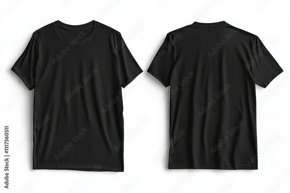 Black t-shirt displayed from front and back views for fashion or apparel design.