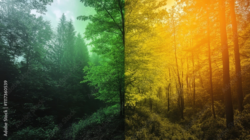 Obraz premium Contrasting forest landscape depicting split between lush greenery and warm autumn foliage GIS Day