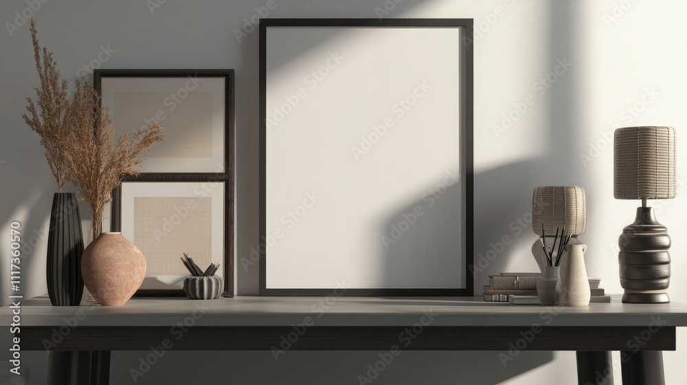 A minimalist desk setup featuring frames, vases, and decorative items. A minimalist desk setup featuring frames, vases, and decorative items.