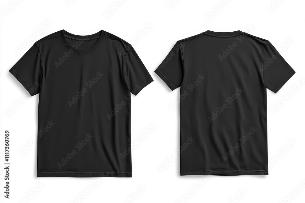 A black t-shirt displayed from the front and back, showcasing its simple design. A black t-shirt displayed from the front and back, showcasing its simple design.