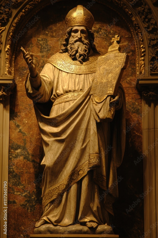 Naklejka premium Feast of St. Ambrose Regal statue of a historical religious figure in ornate robes and headwear within an architectural setting