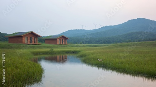 Eco-friendly cabins by a stream.
