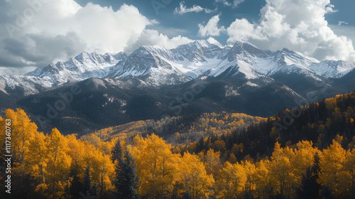 A view of the mountains in Colorado with yellow trees and snow on top of them. 