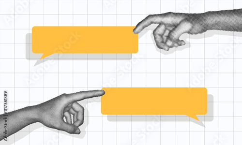 halftone collage, hands interacting with yellow chat bubbles. communication, messaging, or two people having conversation