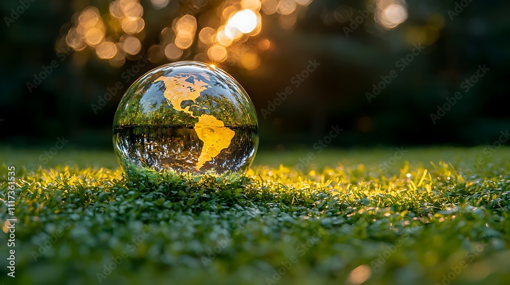 A glass globe depicting the Americas rests on green grass, illuminated by soft sunlight, symbolizing nature and environmental awareness. A glass globe depicting the Americas rests on green grass, illuminated by soft sunlight, symbolizing nature and environmental awareness.