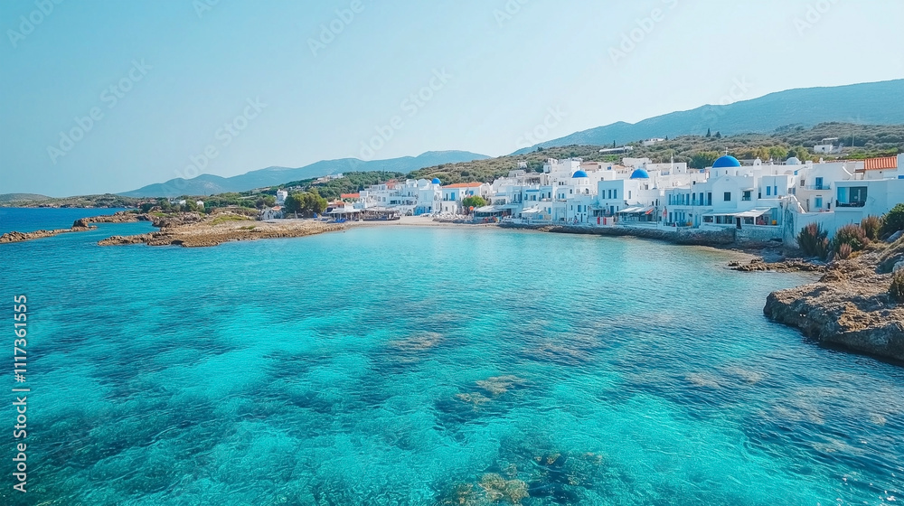Fototapeta premium A beautiful blue ocean with a small town on the shore