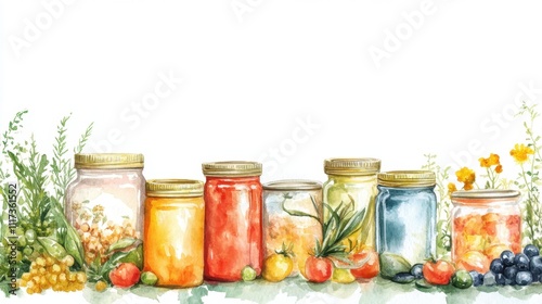 Canned Food Month Watercolor arrangement of colorful preserves and vegetables with fresh herbs