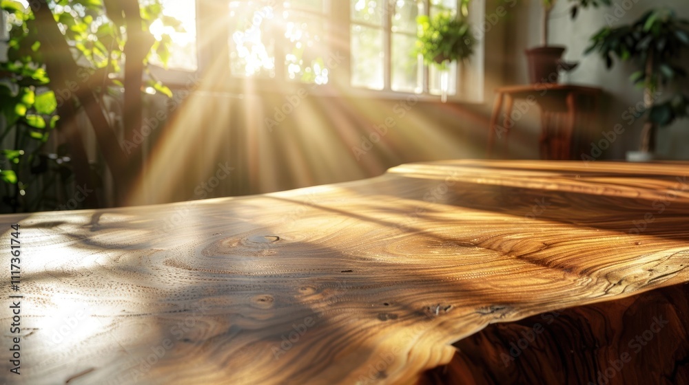 Sunlight Streaming Through Trees Illuminates Cozy Wooden Table in Peaceful Rustic Garden or Outdoor Living Space Inviting Tranquil Retreat Sunlight Streaming Through Trees Illuminates Cozy Wooden Table in Peaceful Rustic Garden or Outdoor Living Space Inviting Tranquil Retreat