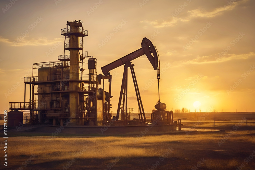 Oil derrick pumps oil from ground during sunset Petroleum and energy concept. Ai generated Oil derrick pumps oil from ground during sunset Petroleum and energy concept. Ai generated