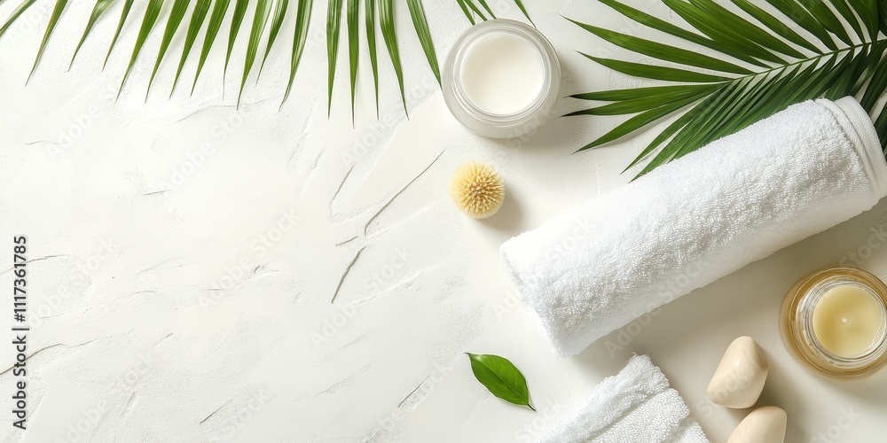 Spa essentials featuring a white towel, palm tree leaf, and decorative cosmetics arranged on a light background. This spa inspired composition highlights relaxation and self care with a white towel. Spa essentials featuring a white towel, palm tree leaf, and decorative cosmetics arranged on a light background. This spa inspired composition highlights relaxation and self care with a white towel.