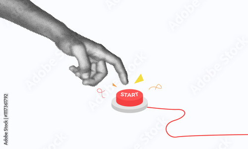 halftone collage, hand pressing a red Start button, symbolizing initiation and action. beginnings, innovation, or launching new ventures