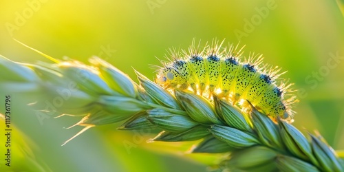 Close up macro shot of a baby caterpillar feeding on barley in its natural habitat, showcasing the caterpillar s delicate movements while it consumes barley leaves. photo