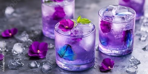 Butterfly pea ice cube served with refreshing soda water creates a vibrant and colorful drink experience. Enjoy the unique charm of butterfly pea ice cube in your favorite beverages. photo