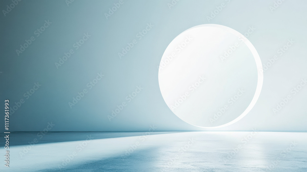 Minimalist architectural space with large circular opening creating a serene, luminous atmosphere with soft shadows on a textured floor, evoking tranquility and contemplation. Minimalist architectural space with large circular opening creating a serene, luminous atmosphere with soft shadows on a textured floor, evoking tranquility and contemplation.