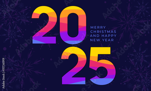 2025 Merry Christmas and Happy New Year, vector greeting postcard with glowing snowflakes on blue background. Premium Corporate Holiday card and invitation. Rainbow colored