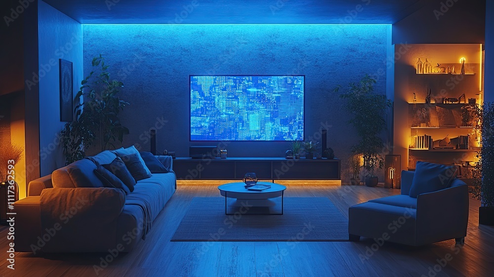 Modern living room with large screen TV, blue lighting, and comfortable seating. Modern living room with large screen TV, blue lighting, and comfortable seating.