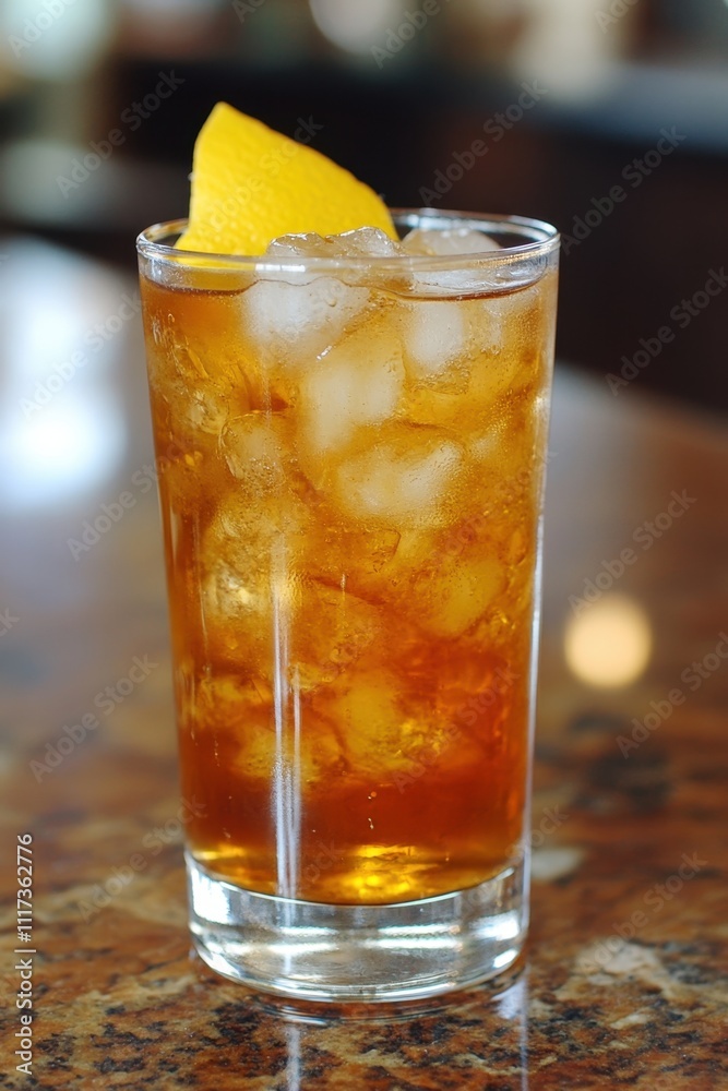 Iced tea with lemon wedge on rustic table Iced tea with lemon wedge on rustic table