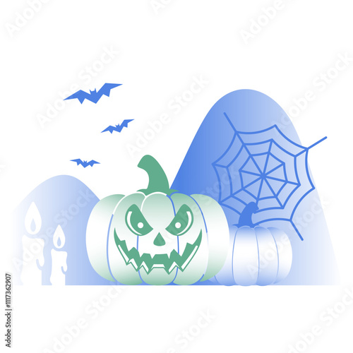 Evil pumpkin, candles, bats and cobweb