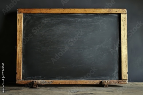 A vintage chalkboard with a wooden frame, blank and ready for writing or drawing. photo