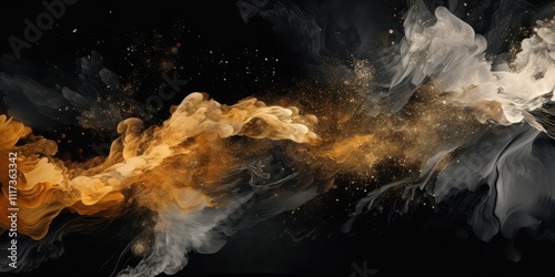Dynamic abstract swirling clouds of gold and white smoke on black background