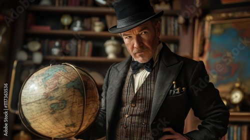 Phileas Fogg Win a Wager Day Victorian gentleman in library contemplating globe