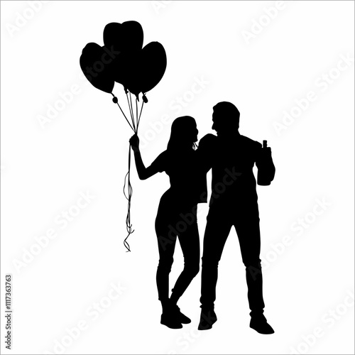 silhouette of a couple, holding balloons and a drink bottle