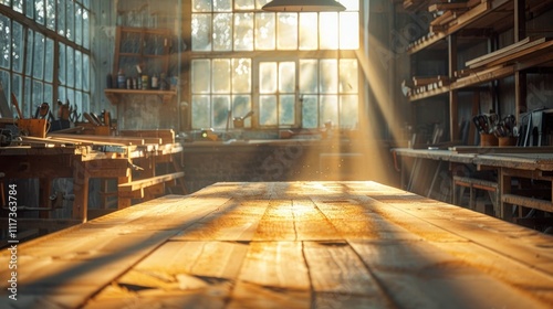 Wallpaper Mural Warm sunlight streams through the window casting a golden glow over the rustic woodworking workshop  Workbenches shelves and tools fill the cozy space Torontodigital.ca