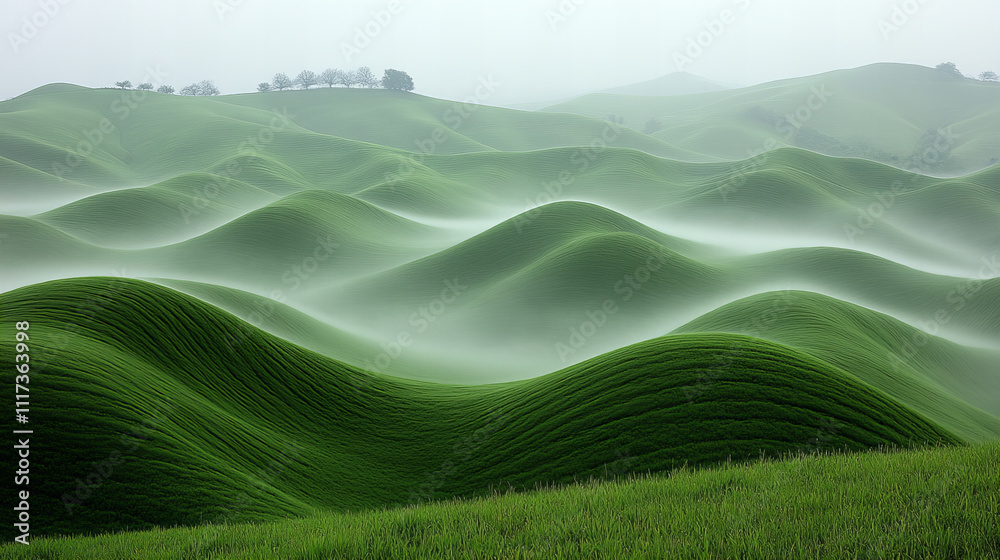 lush green landscape with rolling hills and mist, evoking tranquility and nature beauty. soft curves of hills create serene atmosphere