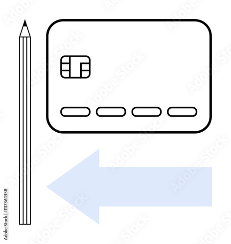 Credit card and pencil next to a left-pointing arrow. Ideal for financial planning, budgeting, education, navigation, security, online payments, banks. Line metaphor